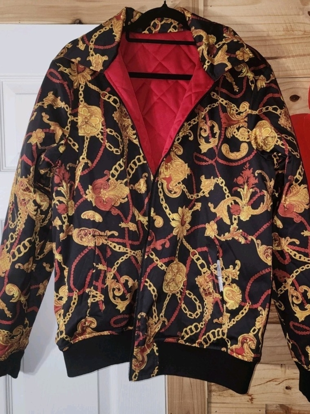 True Religion Black Bomber Jacket with Gold and Red Baroque Chain Print